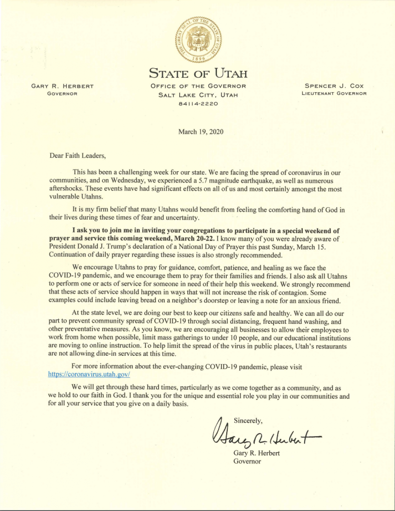 Letter from Governor Herbert requesting that those of faith would be praying for our state and country. And be looking for ways to serve those in need. 